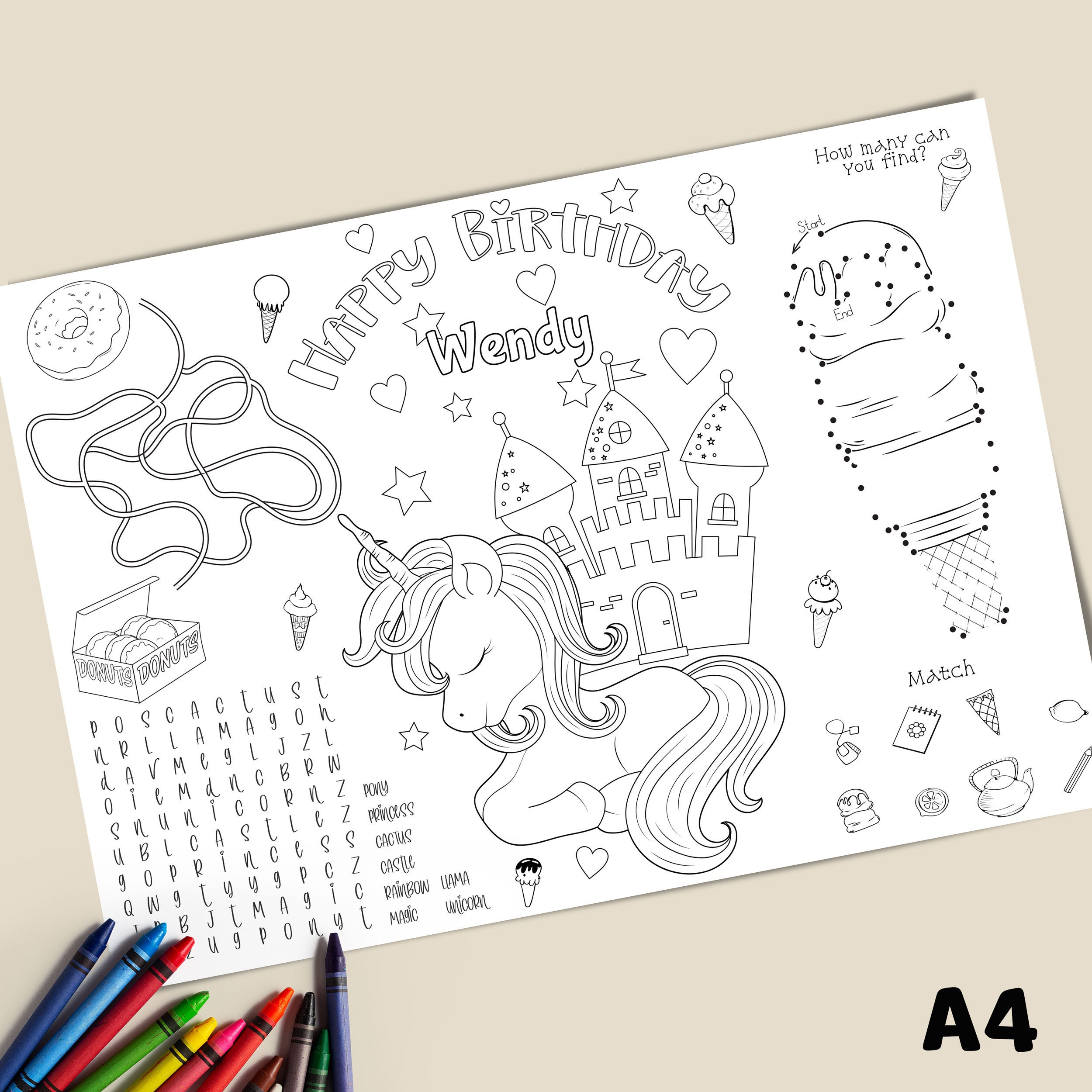 Unicorn Kids Birthday Placemat Sheet Template INSTANT - Etsy