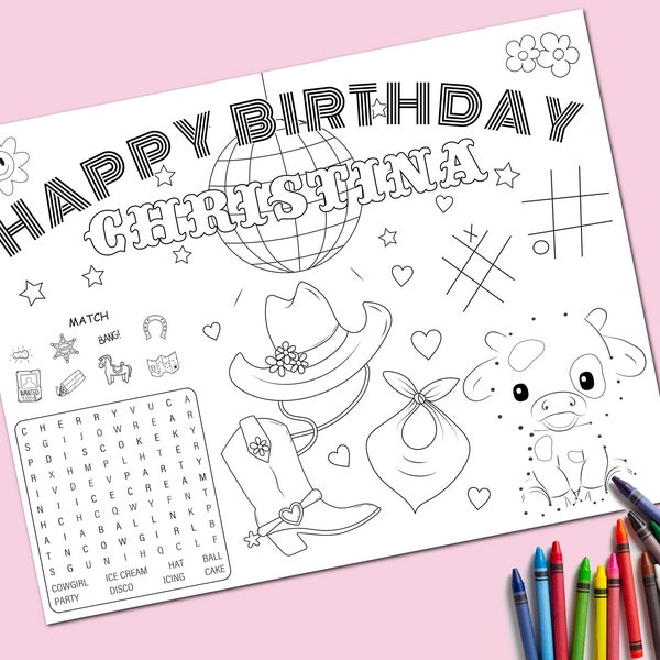 Disco Cowgirl Birthday Placemat Sheet, Template,  INSTANT DOWNLOAD, Printable, Party Favor, Coloring Activity Mat