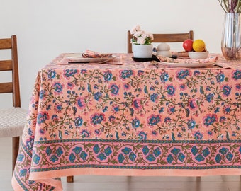 Indian Block Print tablecloth, Floral Cotton Table Cover, Table Cloth With Mats Napkins Set , Farmhouse Tablecloth , Gift For New Home