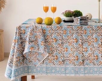 Carolina Blue,Apricot Orange, White Floral Indian Block Printed Cotton Table Cover, Tablecloth, Table Linen Set, Rectangle French Tablecloth
