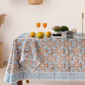 Carolina Blue,Apricot Orange, White Floral Indian Block Printed Cotton Table Cover, Tablecloth, Table Linen Set, Rectangle French Tablecloth