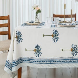 Coastal Palm Tree Table Cover: Blue Block Printed Cotton Tablecloth