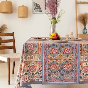 Indian Block Print Tablecloth, Cotton Floral Table Cover, French Tablecloth, Rectangle Tablecloth Runner, Mats Napkins , Dining Tablecloth