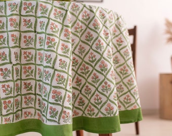 Shemrock Green Flower Frame Round Tablecloth, Christmas Tablecloth, Block Printed Tablecloth, 90" Inch Tablecloth, Floral Round TableCloth