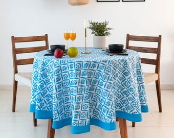 Cornflower Blue, White Flower Wall Frame Design Round Tablecloth, Indian Block Printed Round Tablecloth, Floral TableCloth, Round TableCover