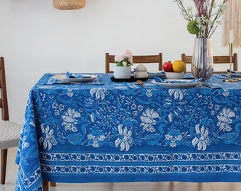 Royalblaue handgemachte Block bedruckte Tischdecke, bedruckte Tischdecke Leinen set für Zuhause, Thanksgiving Geschenk, Jaipur Tischdecke, blaue Tischdecke