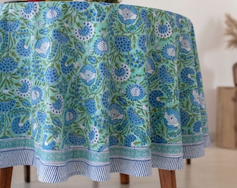 Sea Green,Blue Floral Round Tablecloth, Indian Block Printed Round TableCover, Housewarming Gift, Country Kitchen TableCloth, Table Linen