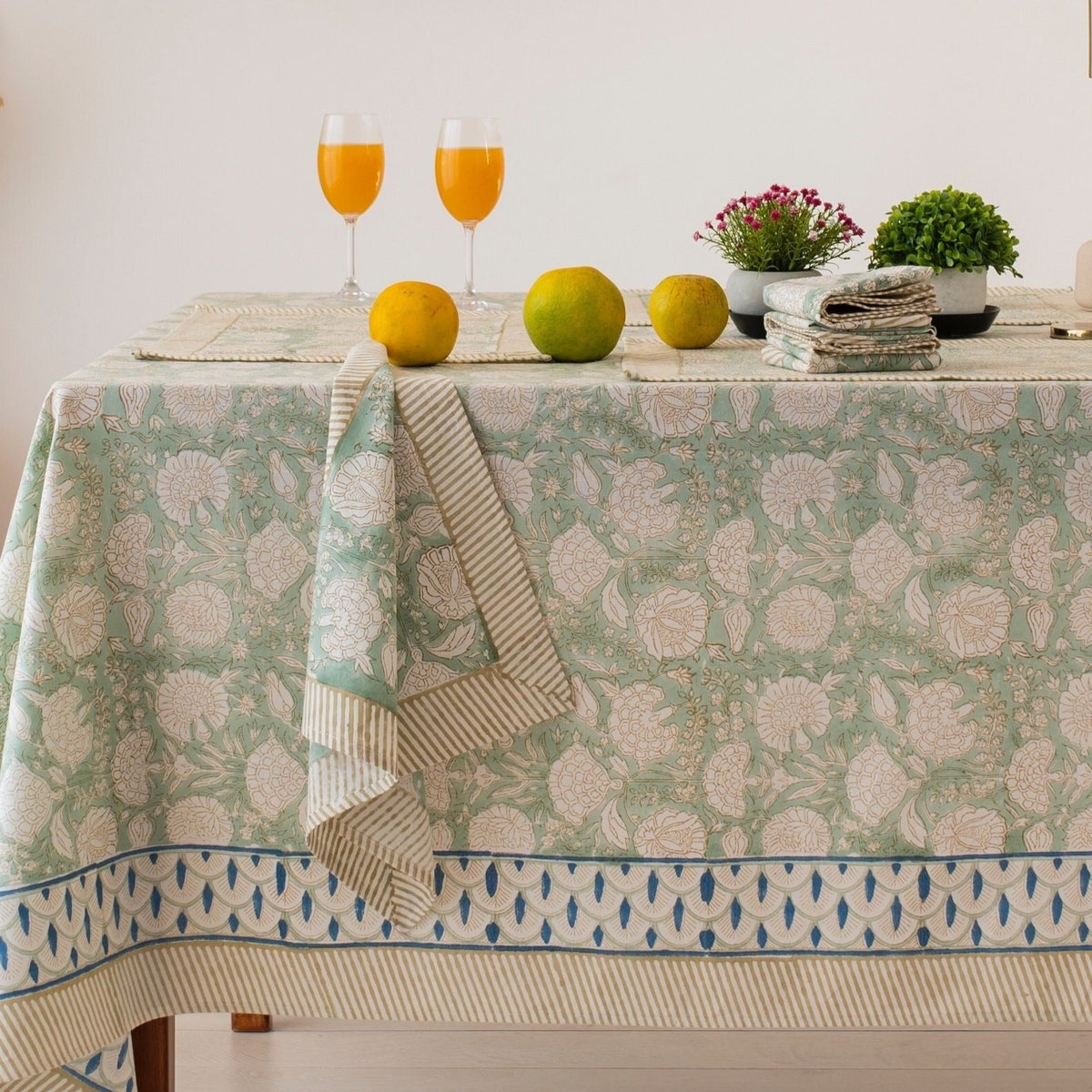 Sage Green Floral Tablecloth, Block Printed Tablecloth, Cotton Table Cover Linen Mats Napkins Set, Rectangle Tablecloth, Boho Table Cover - Etsy