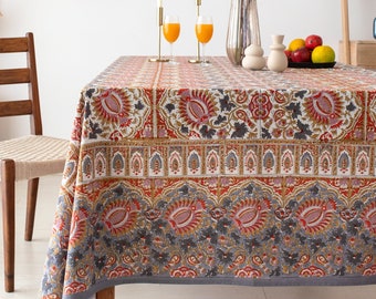 Gray Indian Block Print Tablecloth, Floral Cotton Table Cover, Tablecloth Runner Mats Napkins Set, Rectangle Tablecloth, Dining Table Decor