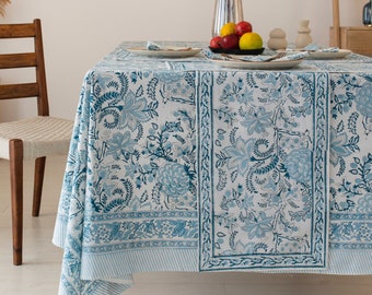 Light Sky Blue White Indian Block Printed Tablecloth, Cotton Floral Table Cover, Outdoor Tablecloth, Printed Table Runner Mats Napkins Set