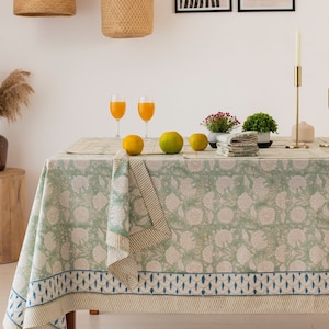 Salbei grüne Blumen Tischdecke, Block gedruckte Tischdecke, Baumwolle Tischdecke Leinen Mats Servietten Set, rechteckige Tischdecke, Boho Tischdecke