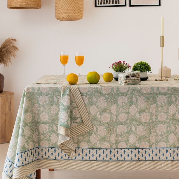 Sage Green Floral Tablecloth, Block Printed Tablecloth, Cotton Table Cover Linen Mats Napkins Set, Rectangle Tablecloth, Boho Table Cover