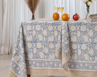 Dusty Blue & Soft Beige Hand Block Printed with Floral and Leafy Motifs Cotton Tablecloth, Casual, Formal Dining Decor, Farmhouse Chic
