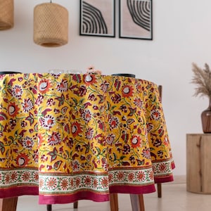 Gold Dust Floral Round Tablecloth, Indian Block Printed Round Table Cover, Cotton Tablecloth, Housewarming Gift, Kitchen Round Table Cloth