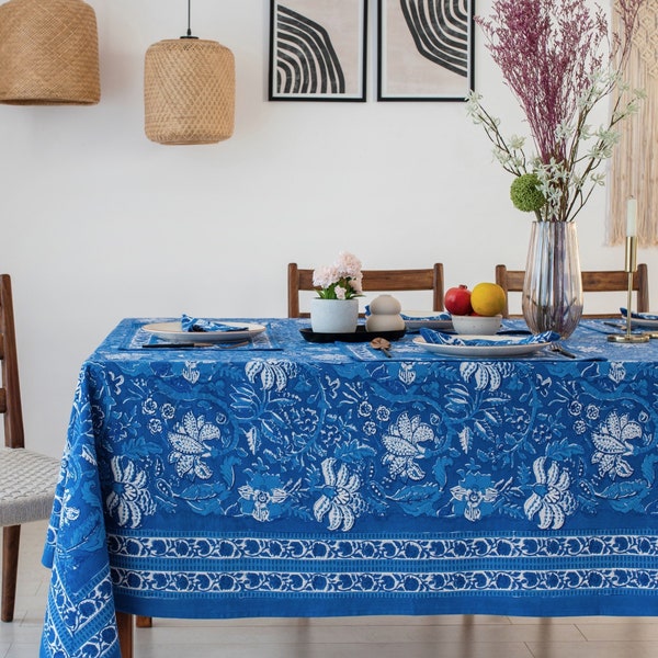 Royal Blue Handmade Block Printed Tablecloth, Printed Table Cover Linen Set for Home,  Thanksgiving Gift, Jaipur Tablecloth, Blue Tablecloth