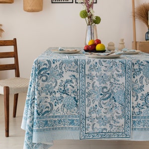 Light Sky Blue White Indian Block Printed Tablecloth, Cotton Floral Table Cover, Outdoor Tablecloth, Printed Table Runner Mats Napkins Set