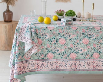 Sea Green, Baby Pink Roses Design Indian Block Printed Tablecloth, Christmas Tablecloth, Rectangle tablecloth, Country  Kitchen Linen Throw,