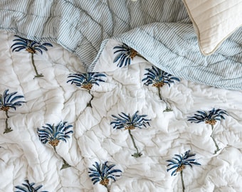 Hand Block Cotton Quilt: Coastal Palm Print, Reversible Bedding