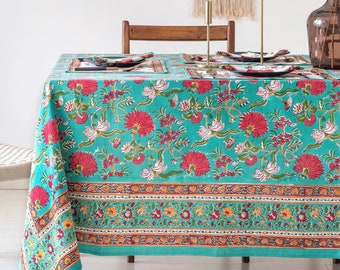 Turquoise Green Red Dahlia Flower Design Indian Hand Block Printed Table Cover, Cotton Table Cover, Wedding Table Decor, French Tablecloth