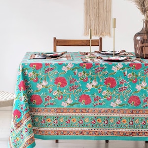Turquoise Green Red Dahlia Flower Design Indian Hand Block Printed Table Cover, Cotton Table Cover, Wedding Table Decor, French Tablecloth