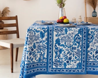 Blue Block Print Tablecloth, Floral Tablecloth, Rectangle Tablecloth Runner Mats Napkins Set, Indian Block Print Tablecloth,Party Tablecloth