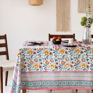 Floral Cotton Dining Tablecloth, Indian Block Printed RectangleTablecloth,French Tablecloth, Floral Cotton Table Cover, Elegant Decorations