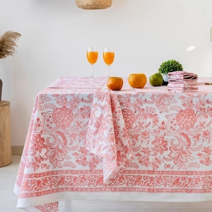 Pink Floral Block Printed Cotton Tablecloth: Farmhouse Table Cover