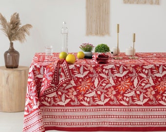 Scarlet Red Floral Indian Block Printed Tablecloth, Cotton Table Cover Runner Mats Napkins Set, Christams Tablecloth, French Tablecloth,