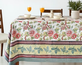 Indian Handmade Block Printed Cotton Floral Table Cloth Table Linen, Luxurious Table Cover As Home Decoration For Holiday, Dining Room