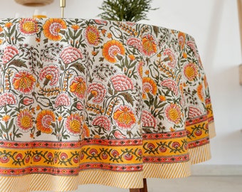 Sage Dahlia Print Design Block Printed Dining Table Linen, Indian Table cover, Cotton Tablecloth, Tablecloth Round, Boho Table Decor Fabric