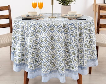 Verbena Print Steel Blue Olive Green White Indian Block Printed Tablecloth, Cotton Tablecloth, Dining Table Decor, Large Round Tablecloth