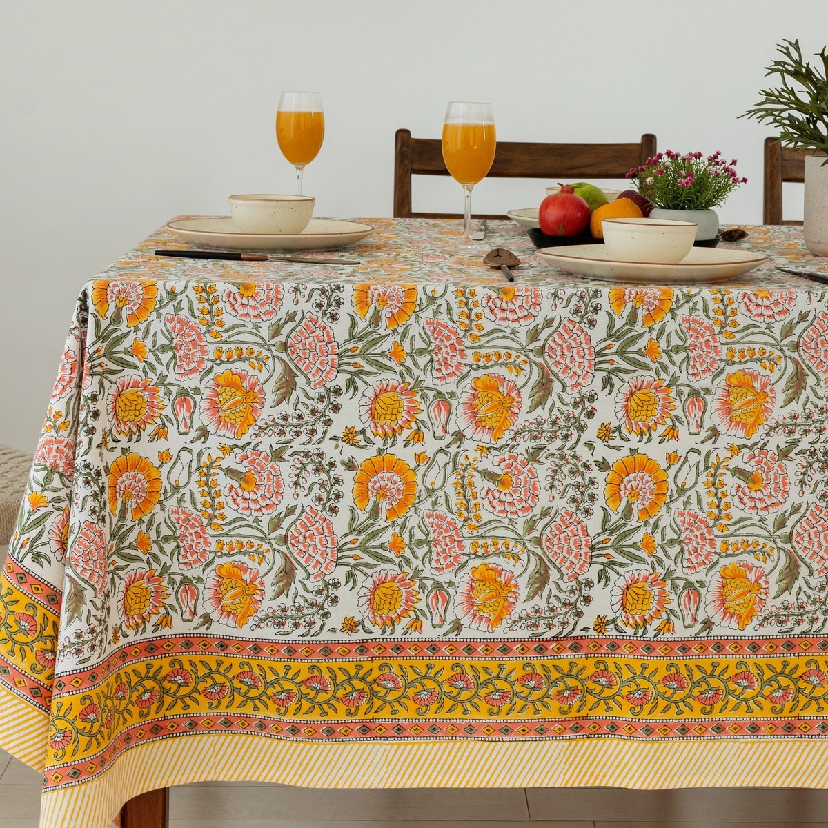 Burnt Orange, Tangerine with Green Floral Tablecloth, Indian Hand Block Printed 6 Seater Rectangle Table Cloth, Maple Blossom Tablecloth