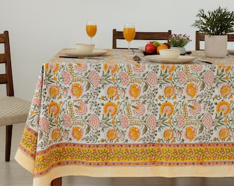 Burnt Orange, Tangerine with Green Floral Tablecloth, Indian Hand Block Printed 6 Seater Rectangle Table Cloth, Maple Blossom Tablecloth