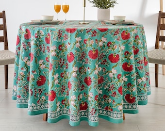 Block Printed Round Tablecloth, Cotton Floral Round Tablecloth, Christmas Tablecloth, Indian Table Linen Set, Housewarming Gift ,Boho Decor