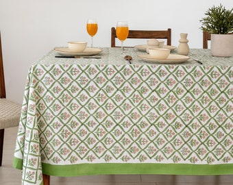 Shemrock Green French Tablecloth, Cotton Table Cover, Block Printed Tablecloth, Rectangle Tablecloth, Christmas gift, Thanks Giving Table