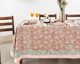 Salmon Pink Pomegranate Pattern Floral Hand Block Printed Tablecloth, Cotton Table Cover, Rectangle Tablecloth, Indian Tablecover Tablecloth