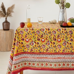 Senfgelb, gebrannte Orange & Olivgrün Floral Hand Block bedruckte Tischdecke, Baumwolle Tischdecke, Einweihungsgeschenk, Küchentischwäsche