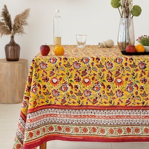 Floral Hand Block Printed Cotton Tablecloth: Mustard Yellow, Burnt Orange