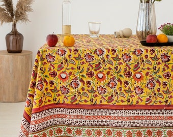 Floral Hand Block Printed Cotton Tablecloth: Mustard Yellow, Burnt Orange