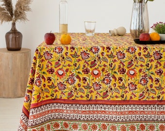 Nappe imprimée en bloc floral jaune moutarde, orange brûlé et vert olive, couverture de table en coton, cadeaux de pendaison de crémaillère, linge de table de cuisine