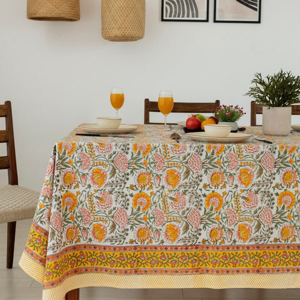 Gebrannte Orange, Mandarine mit grüner Blumentischdecke, indischer Handblock gedruckte 6-Sitzer-Rechteck-Tischdecke, Ahornblüten-Tischdecke