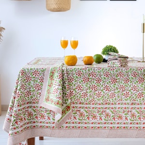 Garland Of Christmas Red Green White Hand Block Printed Tablecloth Table Linen Table Cover, Indian Cotton Table Cover, Christmas Tablecloth