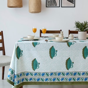 Floral Block Printed Cotton Tablecloth: Sea Green Boho Table Cover
