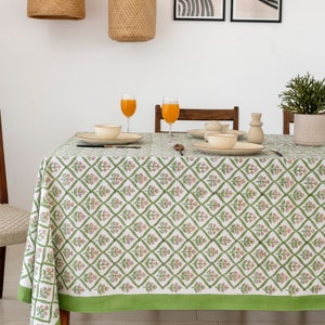 Shemrock Green French Tablecloth, Cotton Table Cover, Block Printed Tablecloth, Rectangle Tablecloth, Christmas gift, Thanks Giving Table