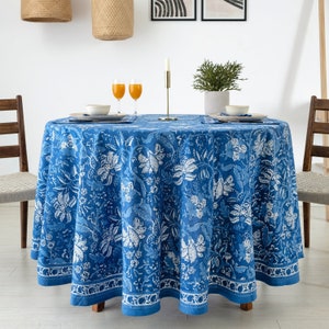 Mantel redondo con estampado floral azul, estampado indio, de algodón, con manteles y servilletas.