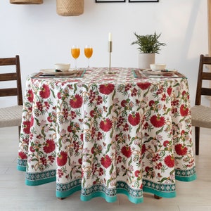 Indian Block Printed Round Tablecloth, Floral Cotton Tablecloth, Round Dining Table Cover, Boho Tableloths Decor, French Round Tablecloth