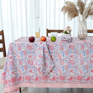 Pigeon Blue and flamingo pink on white Flower Design Hand Block Print Tablecloth Table Cover And Linen Set Gift For Mom and Gift For Her