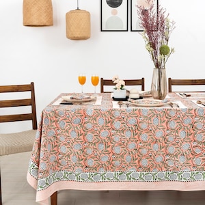 Salmon Pink Pomegranate Pattern Floral Hand Block Printed Tablecloth, Cotton Table Cover, Rectangle Tablecloth, Indian Tablecover Tablecloth