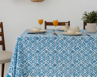 Cornflower Blue Print Design Block Printed Tablecloth, Indian Cotton Table cover, Floral Tablecloth, Dining Table Linen, Table Decor