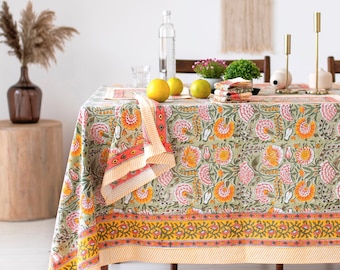 Burnt Orange, Olive Green  Floral Indian Hand Block Printed Rectangle Tablecloth, Cotton Table Cover, Housewarming Gifts, French Tablecloth